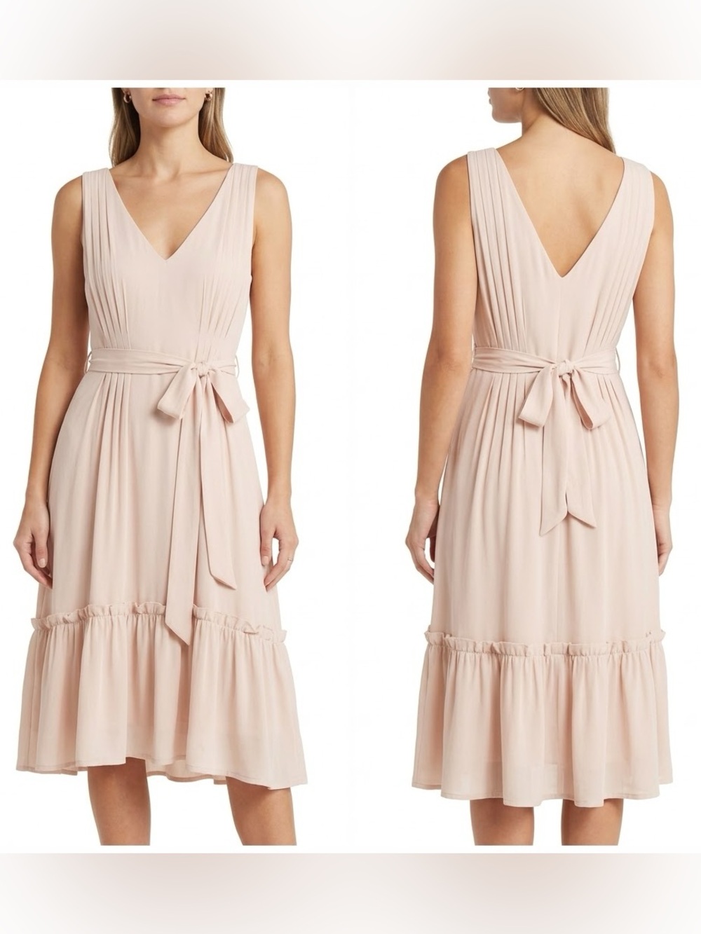 Dress Forum Blush Sleeveless V-Neck Midi Dress with Tie Waist